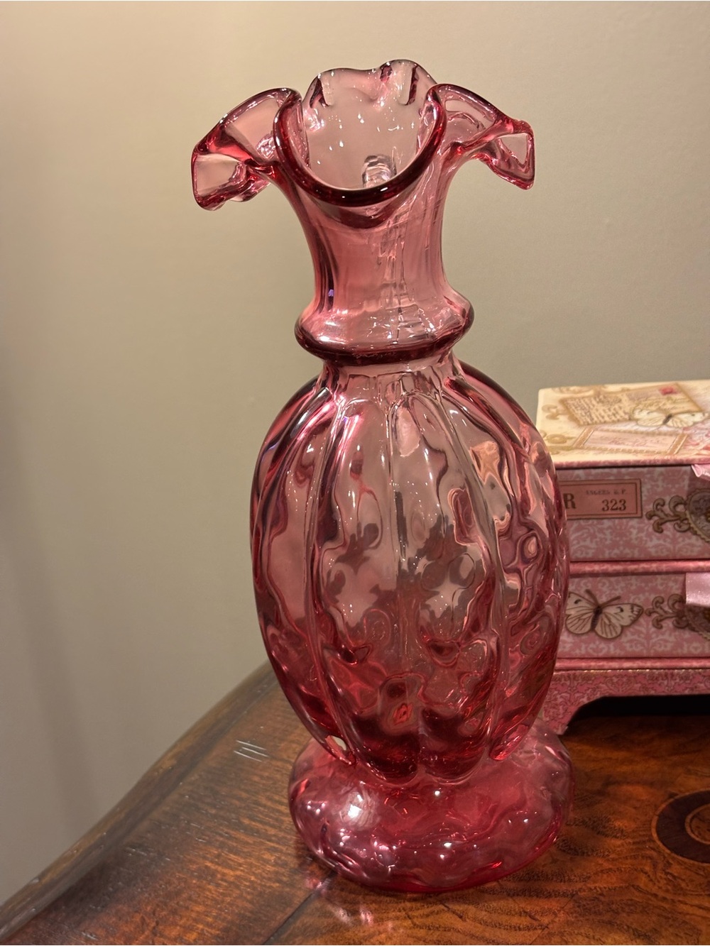 Cranberry Glass Diamond Optic Melon Ribbed Pitcher - Picture 3 of 7